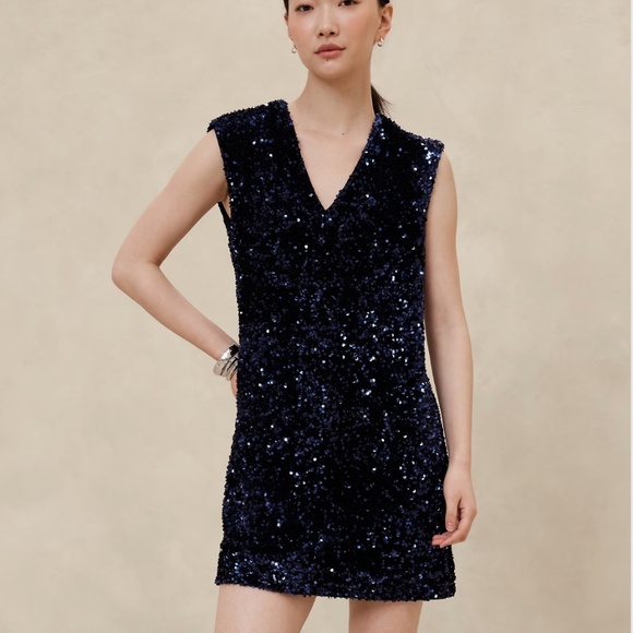 HOLIDAYS!!  BANANA REPUBLIC Midnight Navy Blue Sequin Mini Dress ~ XXS  0P - Picture 2 of 15